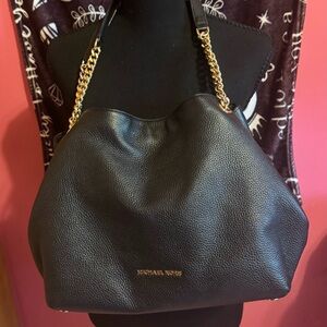 Michael Kors Black Pebbled Leather Shoulder Bag with Gold Chain Straps